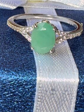 Natural Emerald with White Topaz 925 & 14Kt White Gold Ring Sz7.5